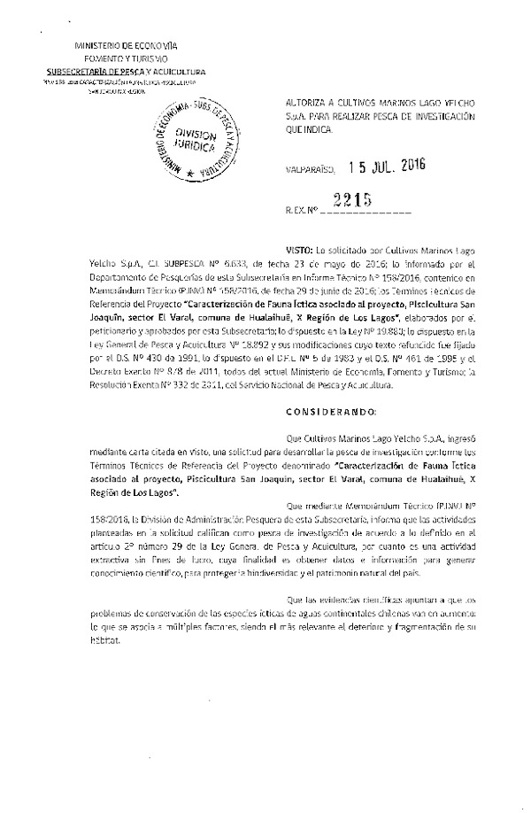 Res. Ex. N° 2215-2016 Caracterización de fauna íctica Piscicultura San Pedro, X Región.