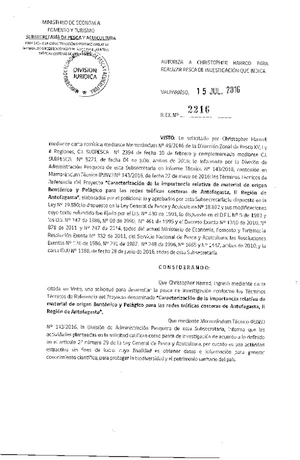 Res. Ex. N° 2216-2016 Caracteriación de la importancia relativa de material de origen bentónico y pelágico para las redes tróficas costeras, II Región.