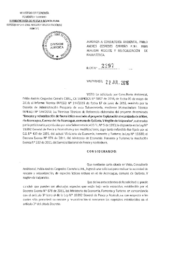 Res. Ex. N° 2297-2016 Rescate y relocalización de fauna íctica, comuna de Quillota, V Región.