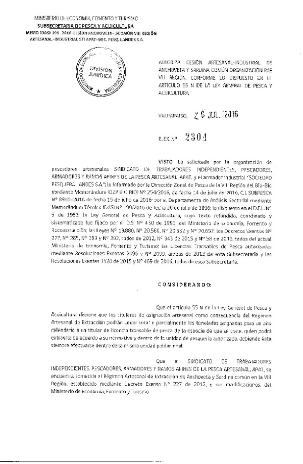 Res. Ex. N° 2304-2016 Autoriza Cesión Anchoveta y Sardina común, VIII Región.