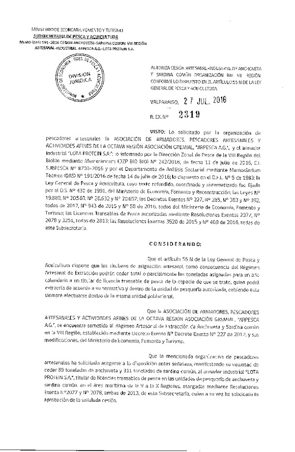 Res. Ex. N° 2319-2016 Autoriza cesión Anchoveta y sardina común, VIII Región.