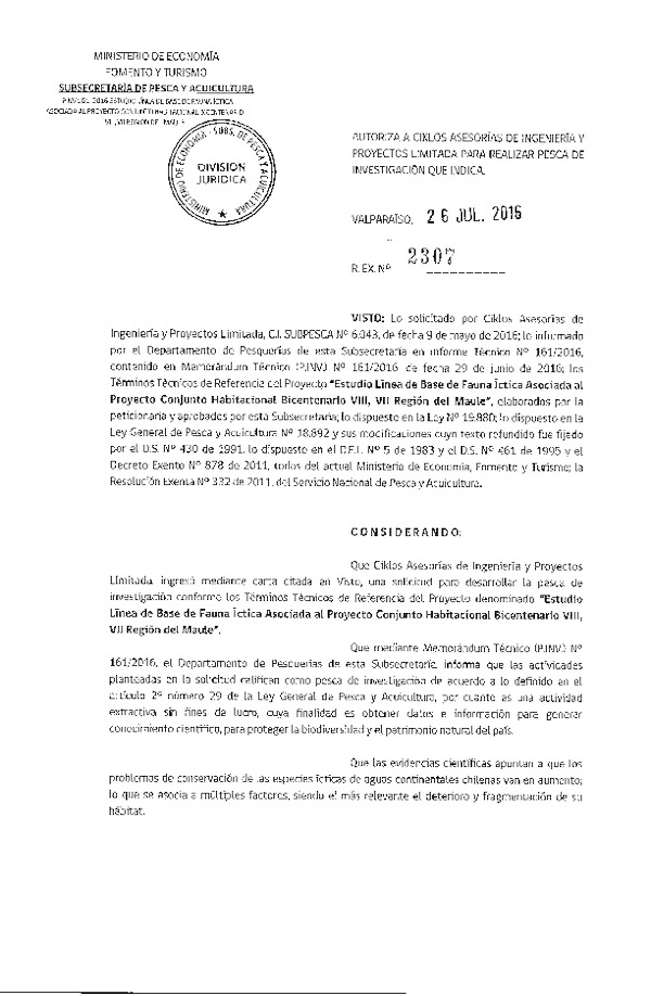 Res. Ex. N° 2307-2016 Estudio línea de base de fauna íctica, VII Región.