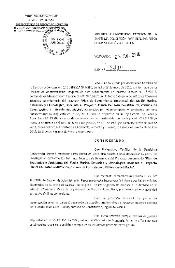 Res. Ex. N° 2310-2016 Plan de seguimiento ambiental, comuna de Constitución, VII Región.