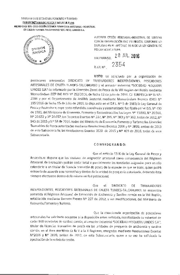 Res. Ex. N° 2354-2016 Autoriza cesión sardina común, VIII Región.
