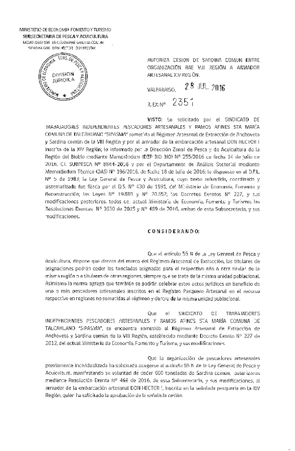 Res. Ex. N° 2351-2016 Autoriza Cesión Sardina Común VIII a X Región.