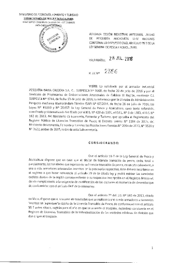 Res. Ex. N° 2356-2016 Autoriza cesión Anchoveta III-IV Región.