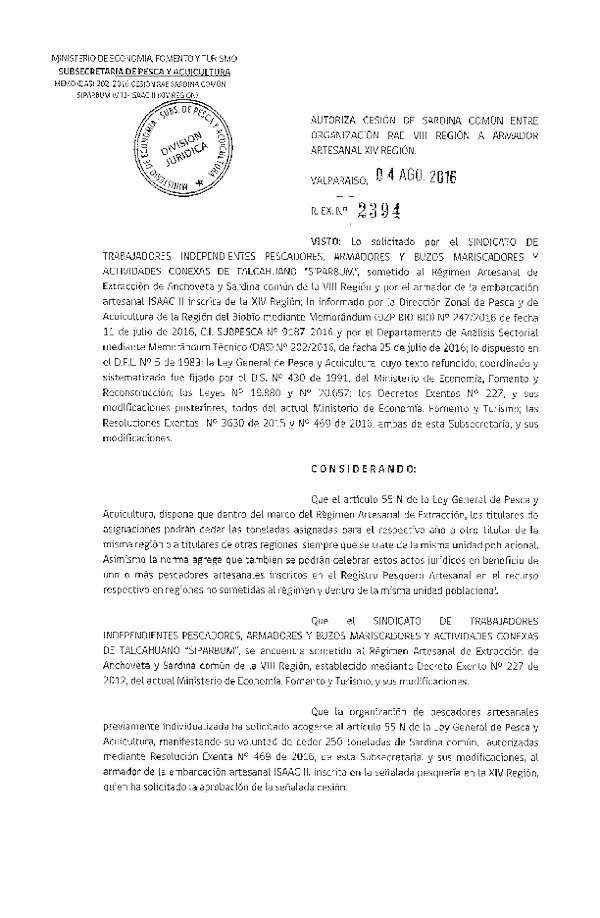 Res. Ex. N° 2394-2016 Autoriza Cesión Sardina común, VIII a XIV Región.