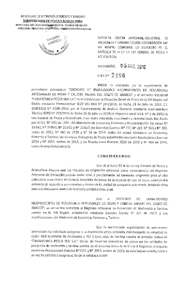 Res. Ex. N° 2406-2016 Autoriza cesión anchoveta y sardina común, VIII Región.