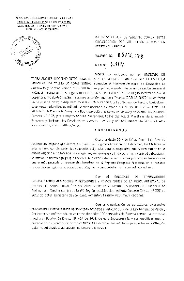 Res. Ex. N° 2407-2016 Autoriza Cesión Sardina común, VIII a X Región.