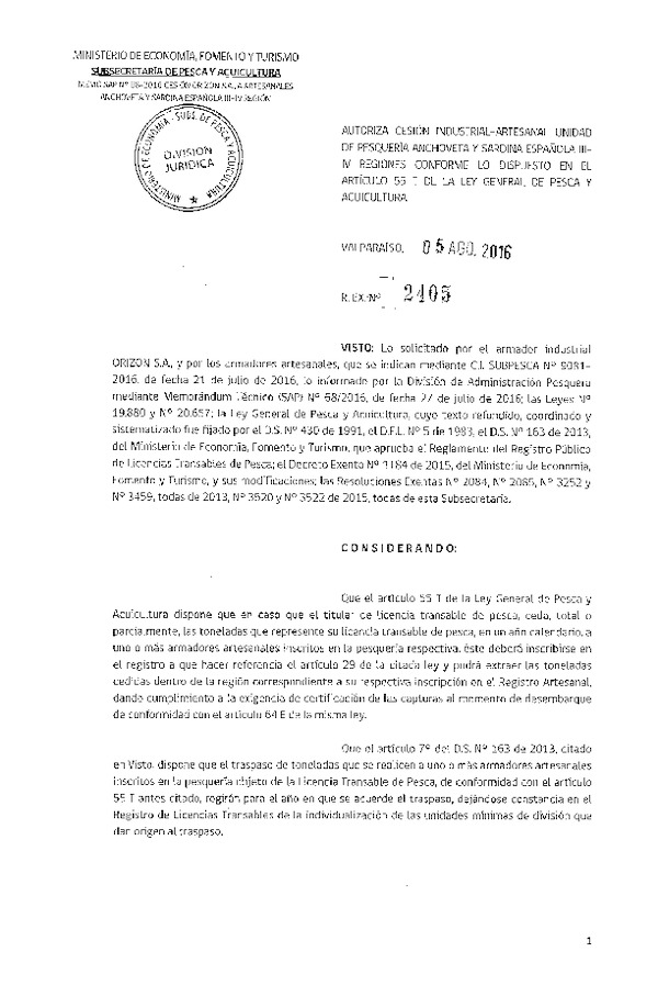 Res. Ex. N° 2405-2016 Autoriza cesión Anchoveta III-IV Región.