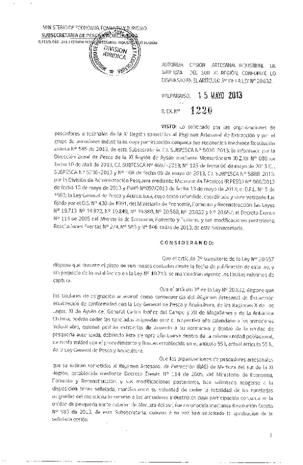 Res. Ex. N° 1220-2013 Autoriza Cesión Recurso Merluza del Sur, XI Región.
