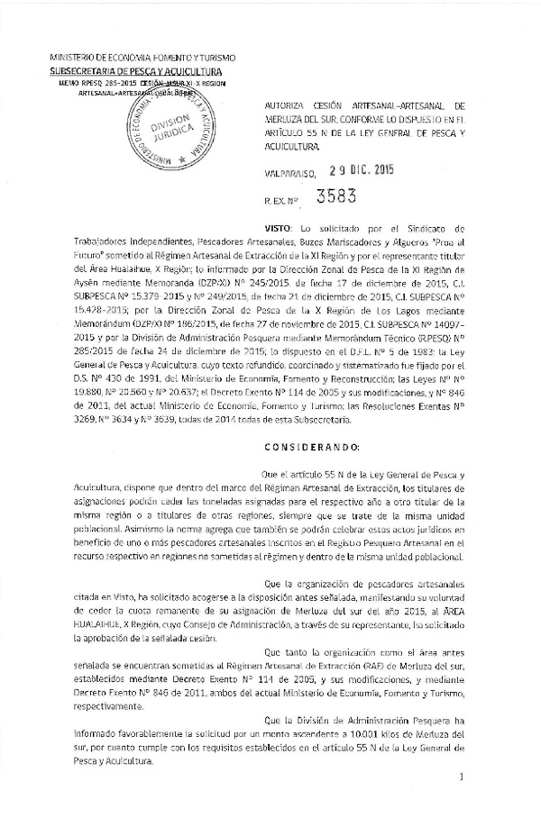 Res. Ex. N° 3583-2015 Autoriza Cesión Recurso Merluza del sur XI Región.
