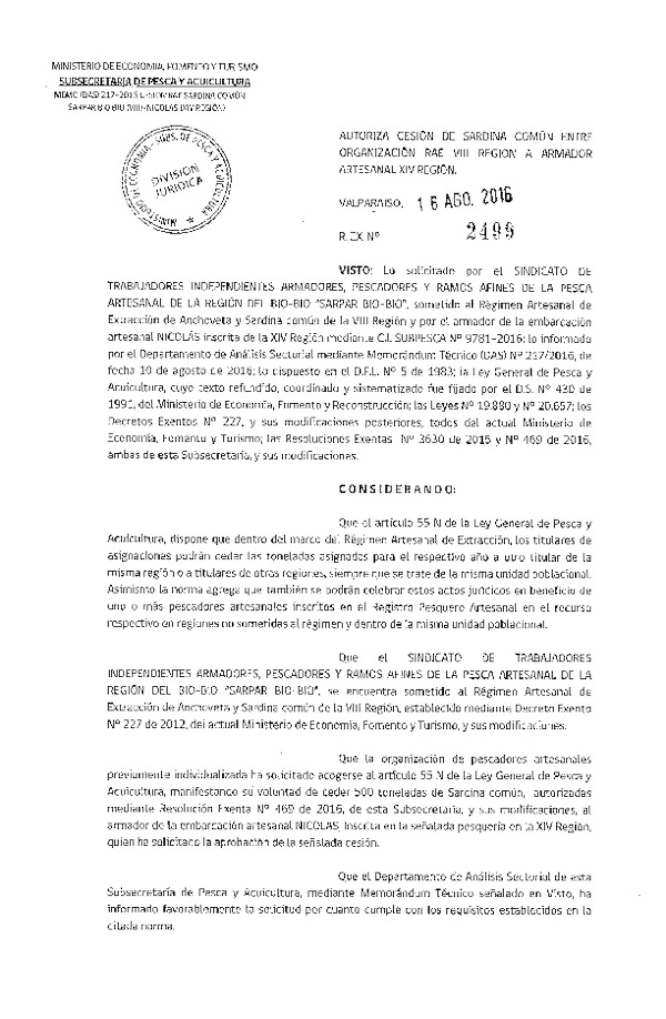 Res. Ex. N° 2499-2016 Autoriza Cesión Sardina común, VIII a X Región.