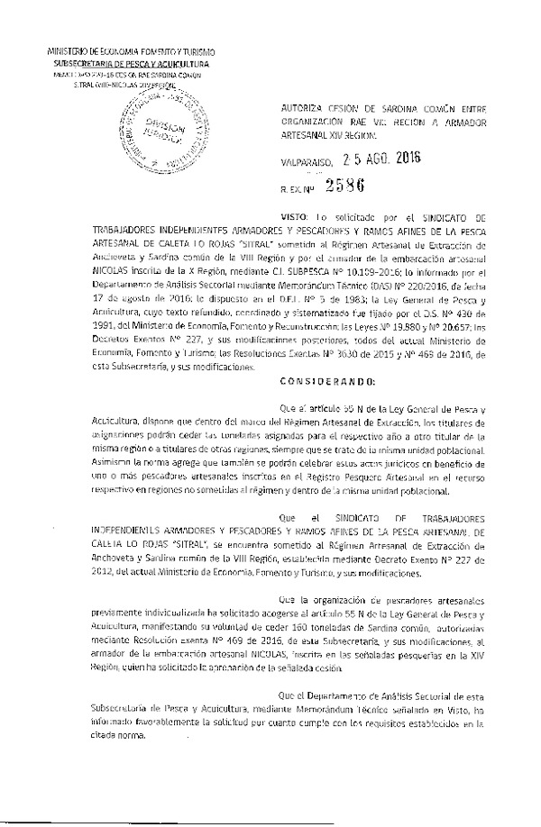 Res. Ex. N° 2586-2016 Autoriza Cesión Sardina común, VIII a X Región.