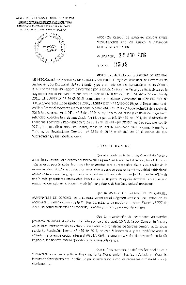 Res. Ex. N° 2599-2016 Autoriza Cesión Sardina común, VIII a XIV Región.