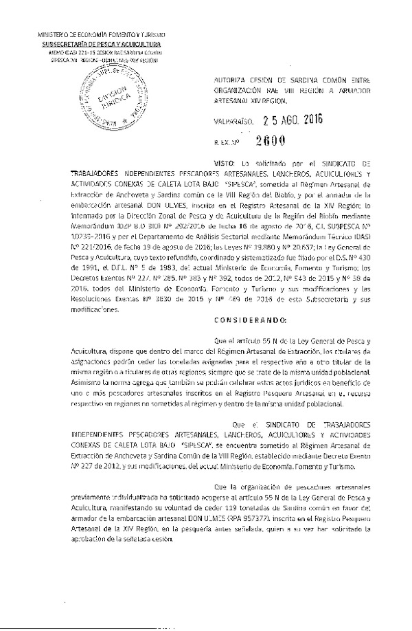 Res. Ex. N° 2600-2016 Autoriza Cesión Sardina común, VIII a XIV Región.