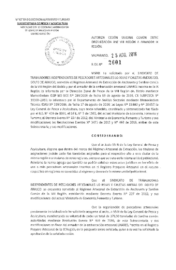 Res. Ex. N° 2601-2016 Autoriza Cesión Sardina común, VIII a IX Región.