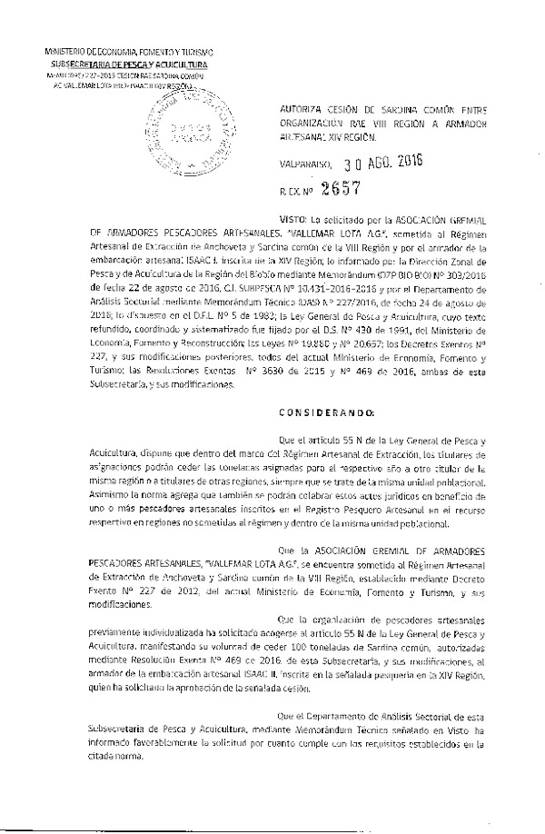 Res. Ex. N° 2657-2016 Autoriza Cesión Sardina común, VIII a XIV Región.
