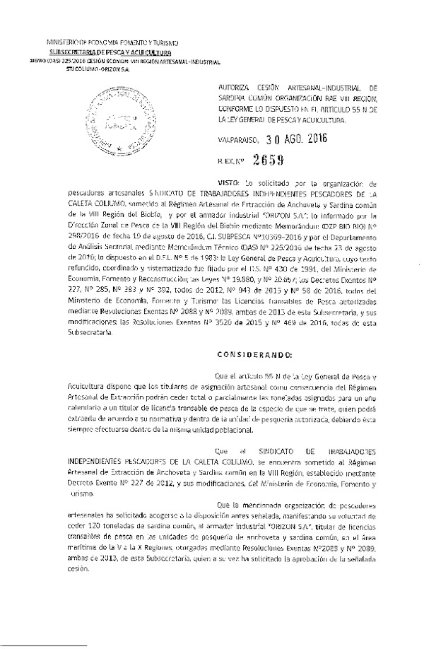 Res. Ex. N° 2659-2016 Autoriza cesión Sardina común VIII Región.