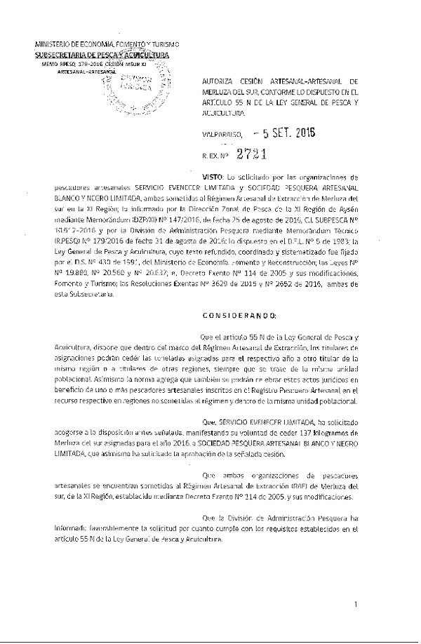 Res. Ex. N° 2721-2016 Autoriza cesión Merluza del sur, XI Regíón.