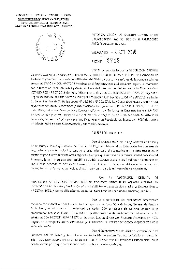 Res. Ex. N° 2742-2016 Autoriza Cesión Sardina común, VIII a XIV Región.
