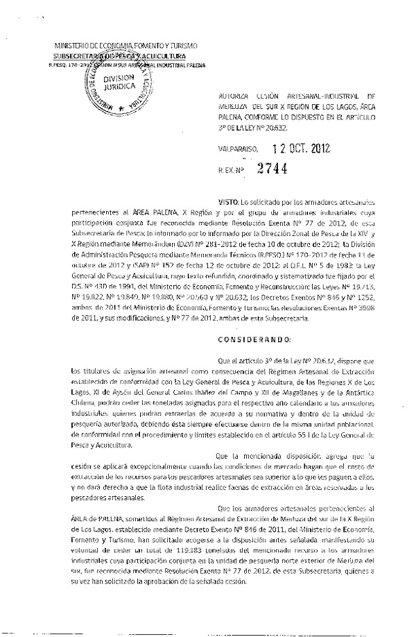 Res. Ex. N° 2744-2012 Autoriza cesión Merluza del sur X Región.