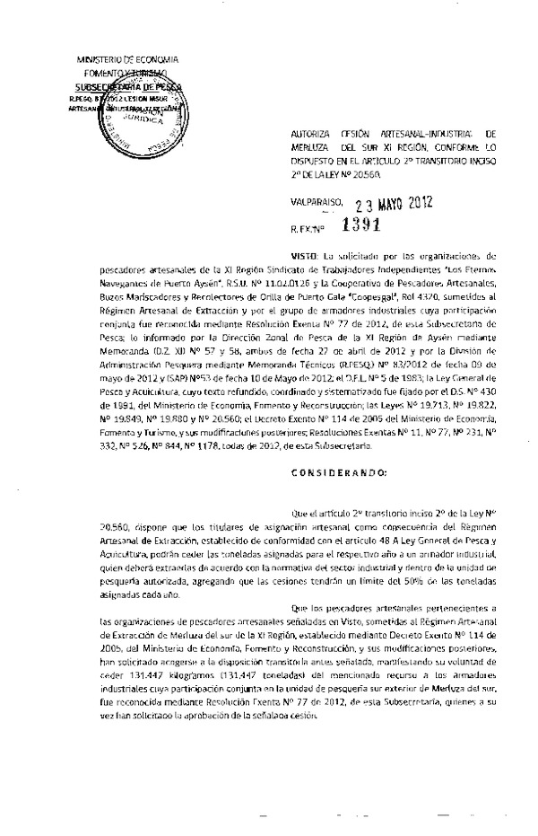 Res. Ex. N° 1391-2012 Autoriza cesión Merluza del sur XI Región.