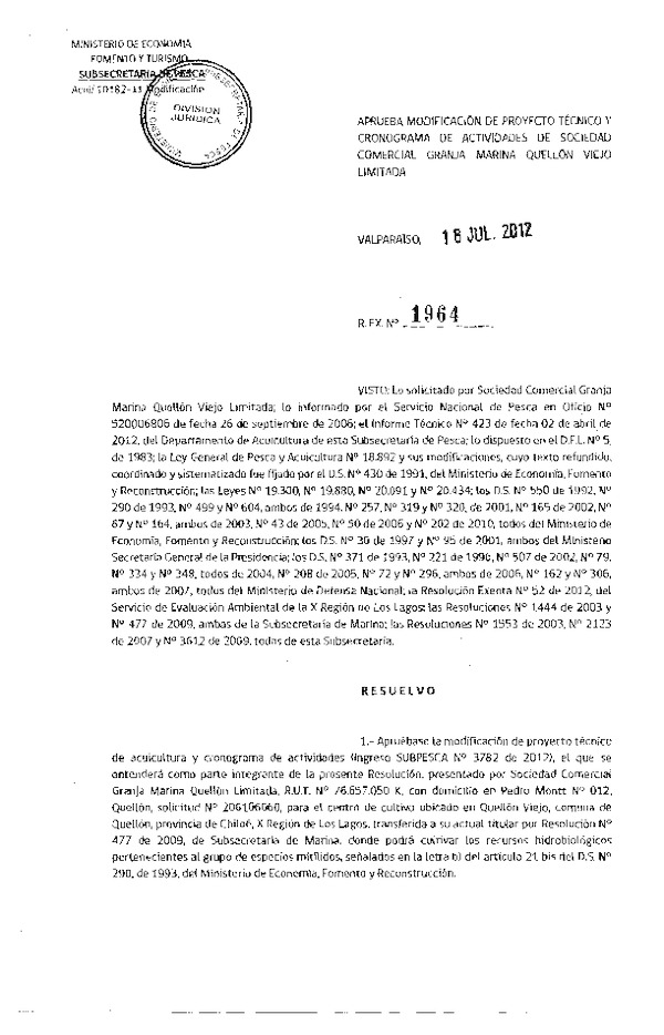 Res. Ex. N° 1694-2012 Autoriza cesión Merluza del sur XI Región.