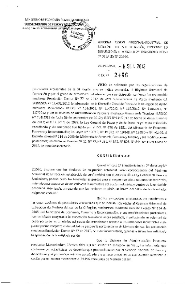 Res. Ex. N° 2466-2012 Autoriza cesión Merluza del sur XI Región.