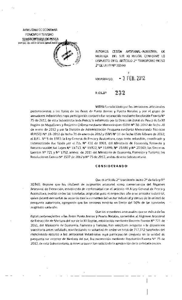 Res. Ex. N° 232-2012 Autoriza cesión Merluza del sur XII Región.