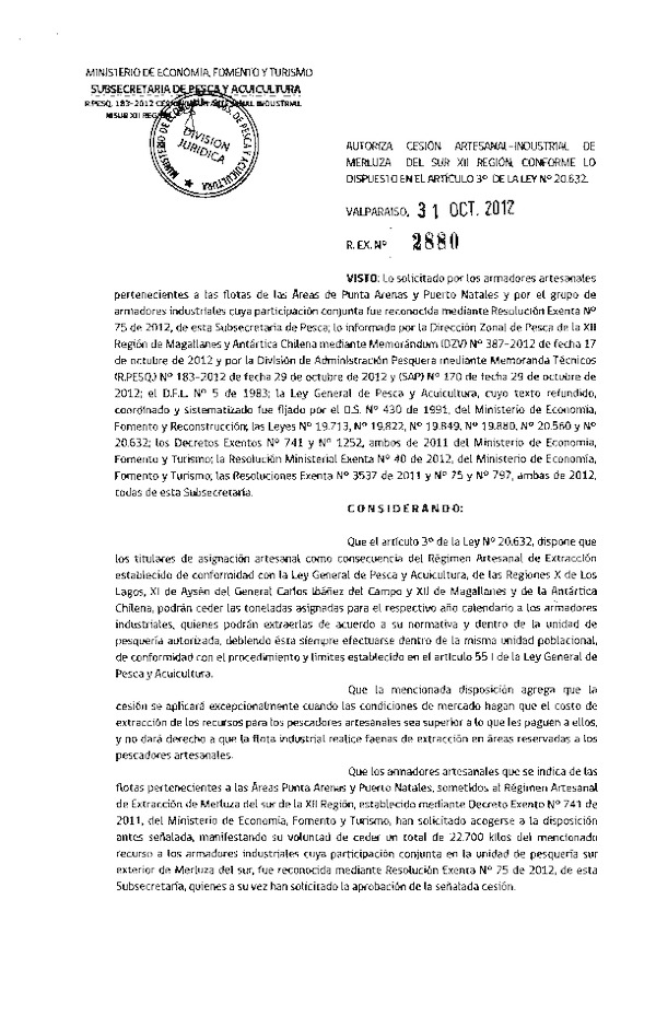 Res. Ex. N° 2880-2012 Autoriza cesión Merluza del sur XII Región.