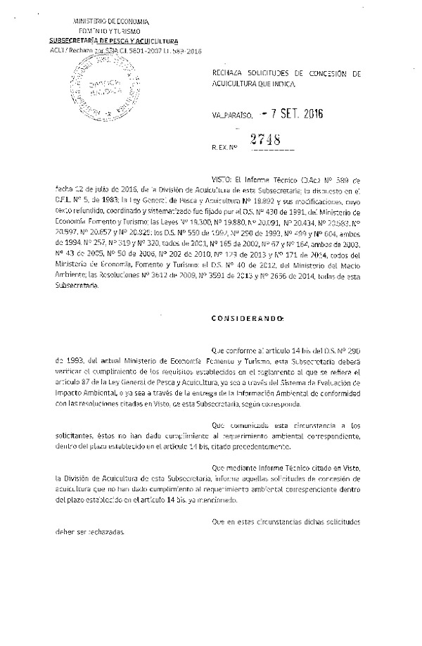 Res. Ex. N° 2748-2016 Rechaza Solicitudes de Concesión de Acuicultura.