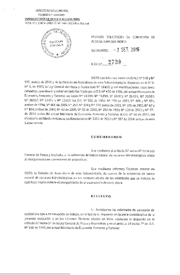 Res. Ex. N° 2720-2016 Rechaza Solicitudes de Concesión de Acuicultura.