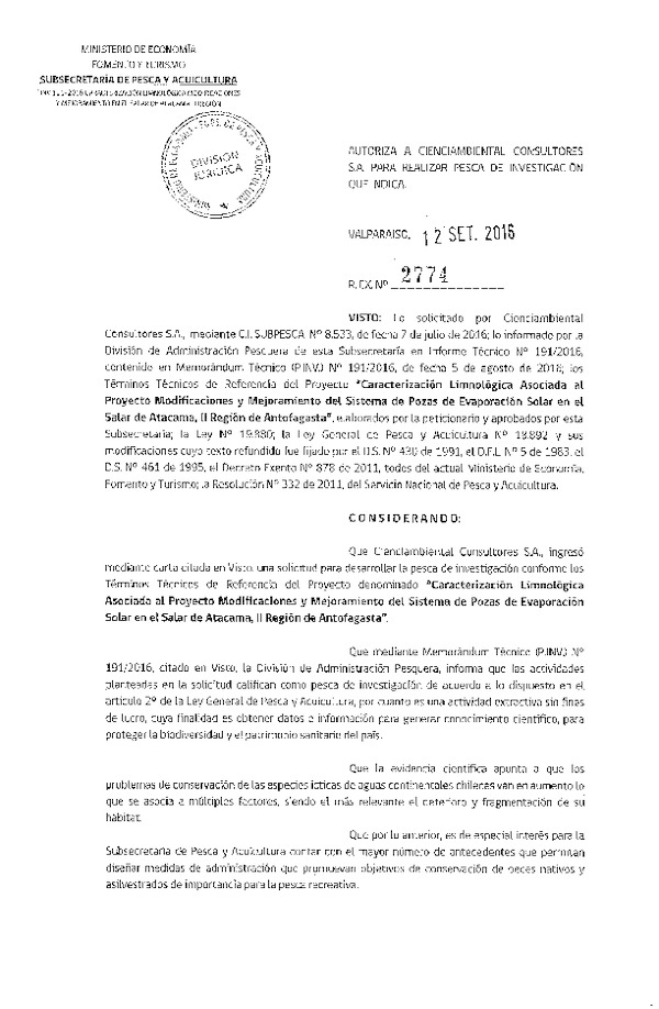 Res. Ex. N° 2774-2016 Caracterización limnológica Salar de Atacama, II Región.