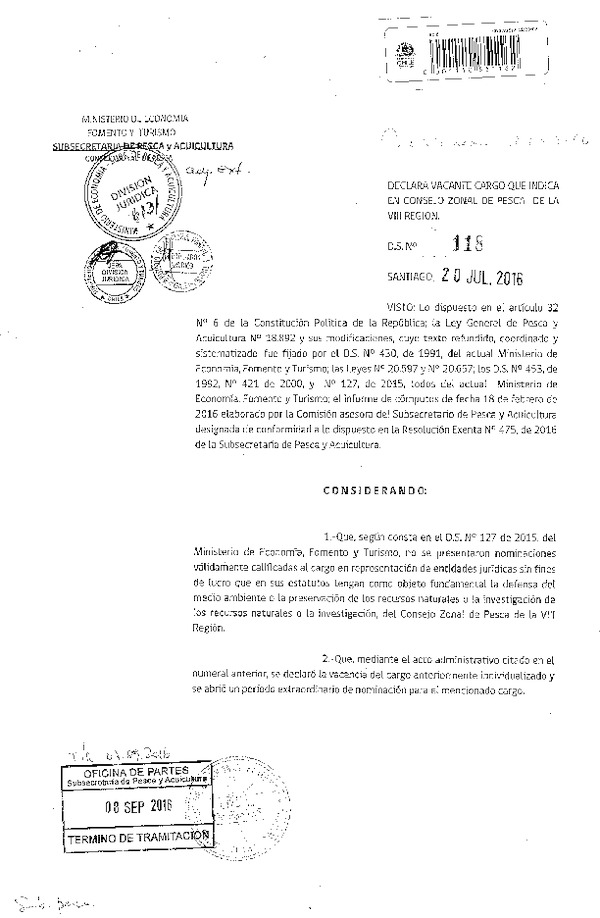 D.S. N° 118-2016 Declara Vacante en el Consejo Zonal de la VIII Región el Cargo en Representación de la Entidades Jurídicas sin Fines de Lucro. (F.D.O. 16-09-2016)