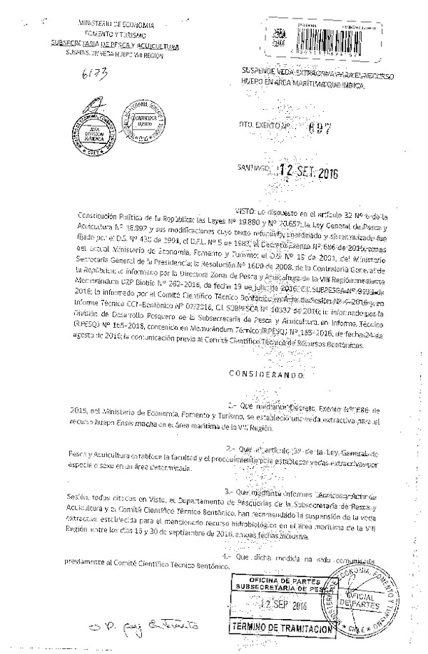 Dec. Ex. N° 697-2016 Suspende Veda Extractiva para el Recurso Huepo en la VIII Región. (F.D.O. 16-09-2016)