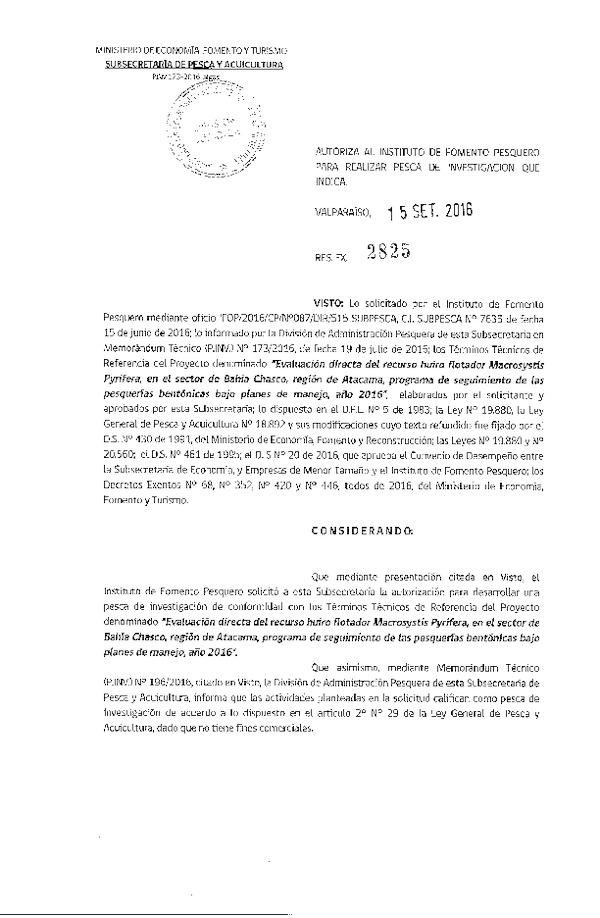 Res. Ex. N° 2825-2016 Evaluación directa del recurso huiro flotador, Bahía Chasco, III Región.