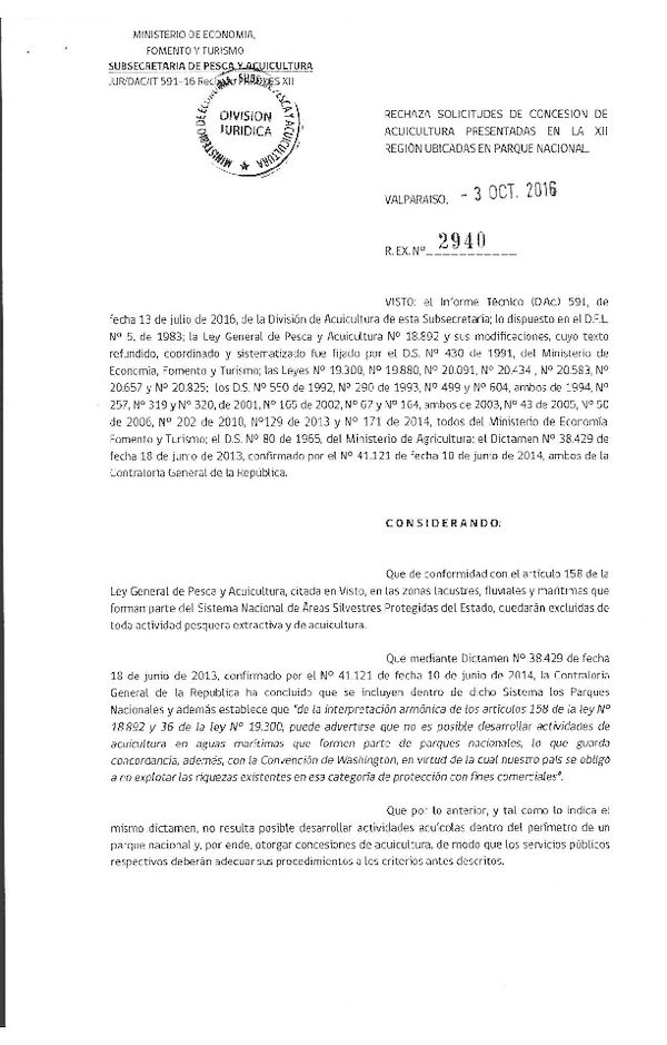 Res. Ex. N° 2940-2016 Rechaza solicitudes de concesión de acuicultura presentadas en la XII Región, ubicadas en Parque Nacional