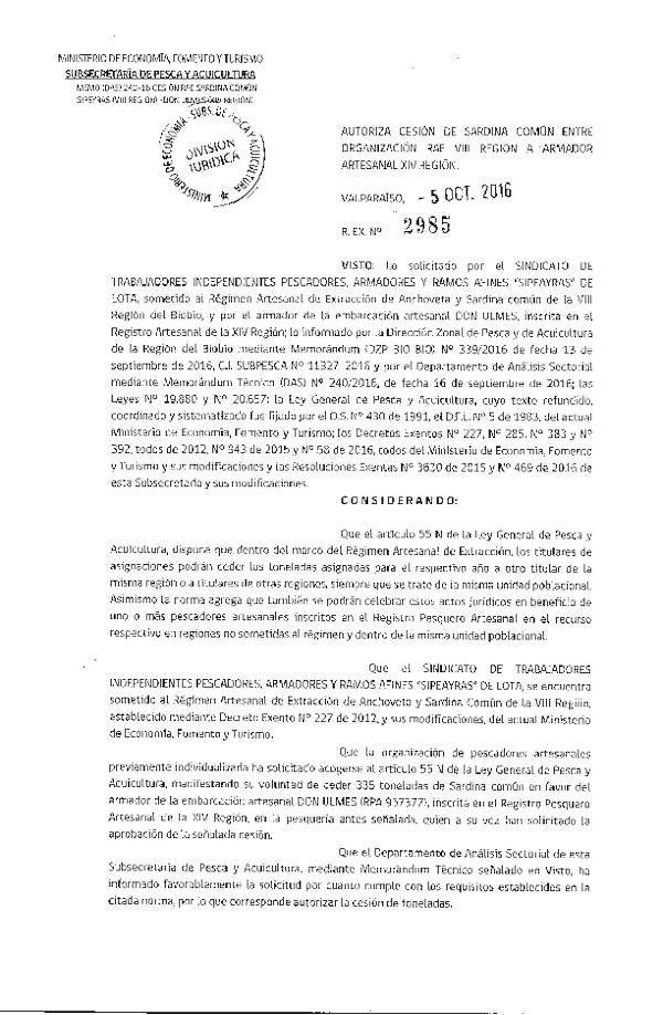 Res. Ex. N° 2985-2016 Autoriza Cesión Sardina común, VIII a XIV Región.