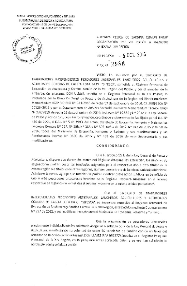 Res. Ex. N° 2986-2016 Autoriza Cesión Sardina común, VIII a XIV Región.
