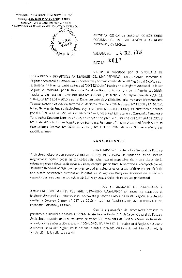 Res. Ex. N° 3012-2016 Autoriza Cesión Sardina común, VIII a XIV Región.