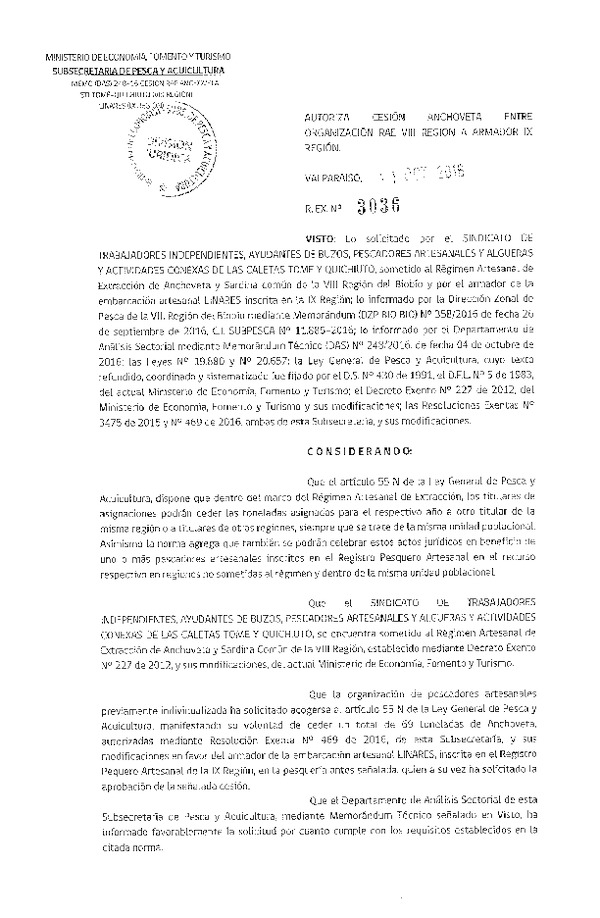 Res. Ex. N° 3036-2016 Autoriza Cesión Anchoveta, VIII a IX Región.