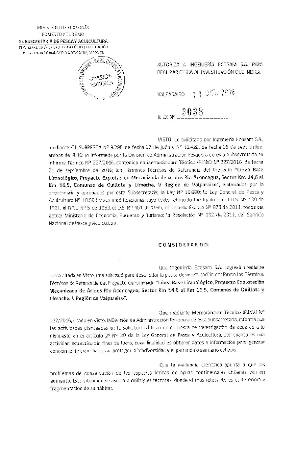 Res. Ex. N° 3038-2016 Línea base limnológica, comunas de Quillota y Limache, V Región.