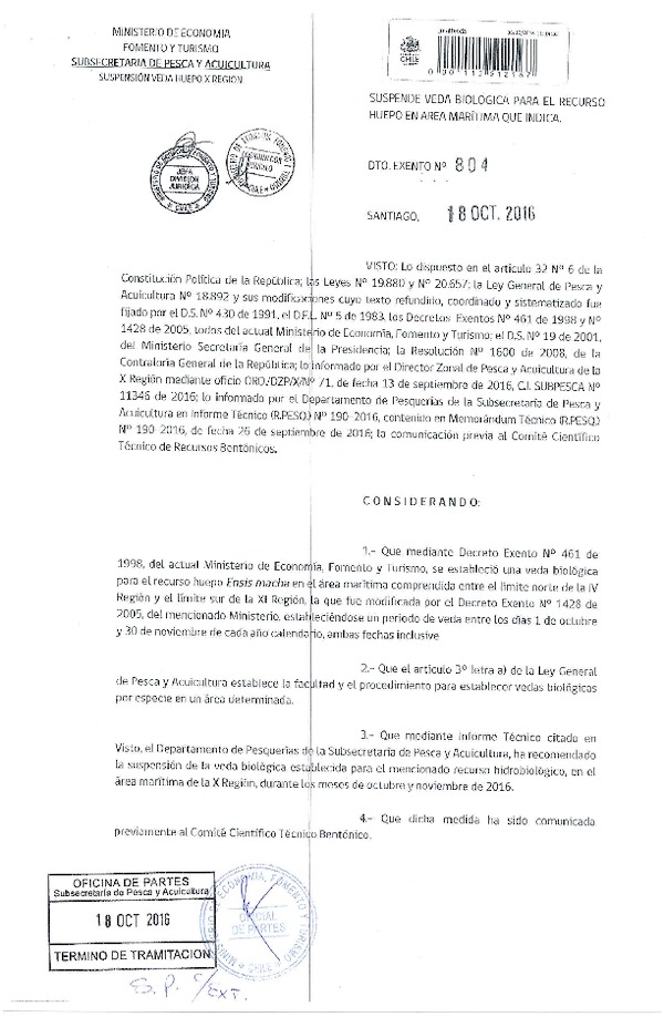 Dec. Ex. N° 804-2016 Suspende Veda Extractiva para el Recurso Huepo en la X Región.