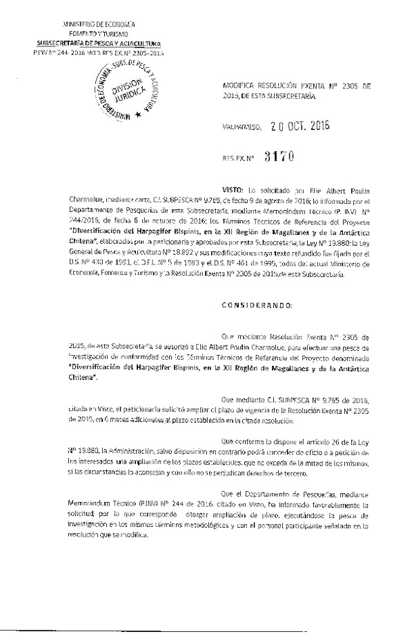 Res. Ex. N° 3170-2016 Modifica Res. Ex. N° 2305-2015. Diversificación del harpagifer Bispinis, XII Región.
