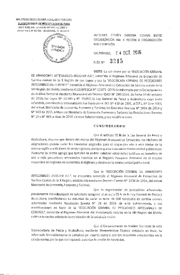 Res. Ex. N° 3215-2016 Autoriza cesión sardina común X a  VIII Región.
