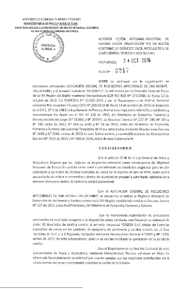 Res. Ex. N° 3217-2016 Autoriza cesión sardina común, VIII Región.