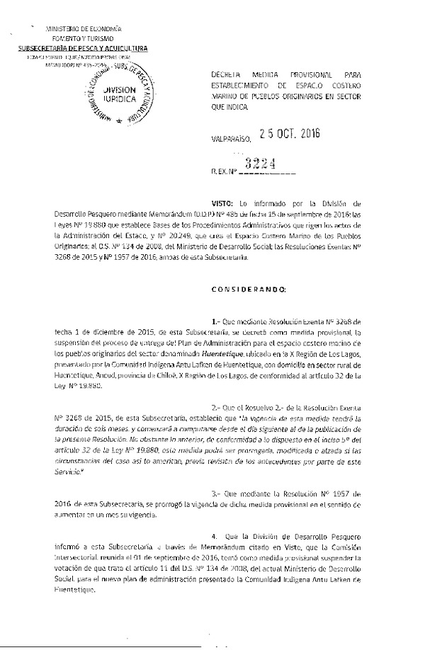 Res. Ex. N° 3224-2016 Decreta Medida Provisional para Establecimiento de Espacio Costero Marino de Pueblos Originarios en Sector Huentetique, X Región.