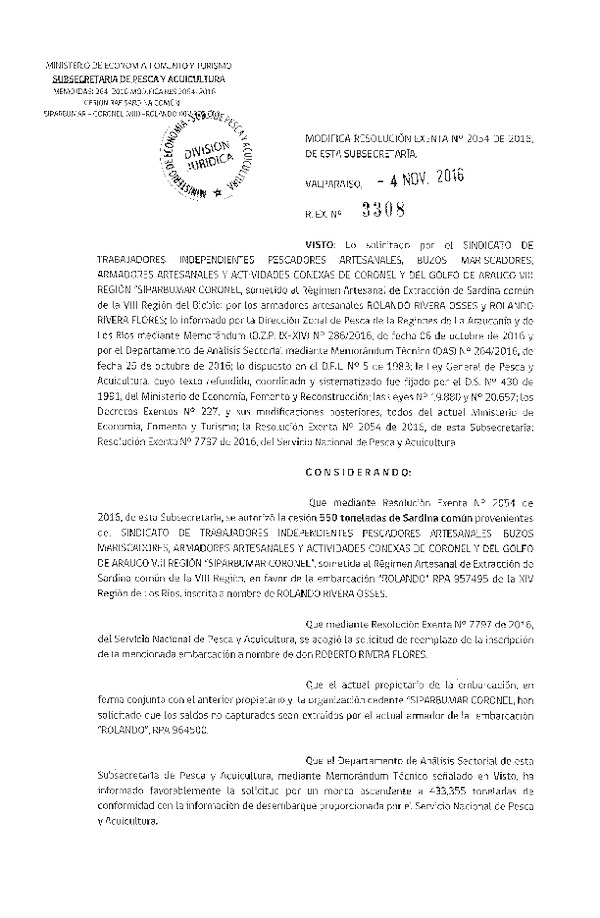 Res. Ex. N° 3308-2016 Modifica Res. Ex. N° 2054-2016 Autoriza cesión Sardina común VIII a XIV Región.
