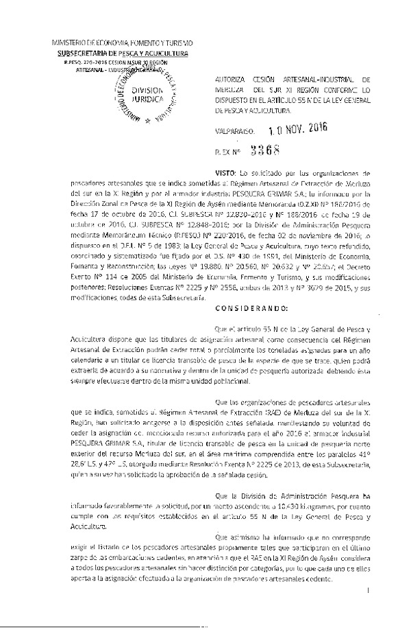 Res. Ex. N° 3368-2016 Autoriza cesión Merluza del Sur, XI Región.